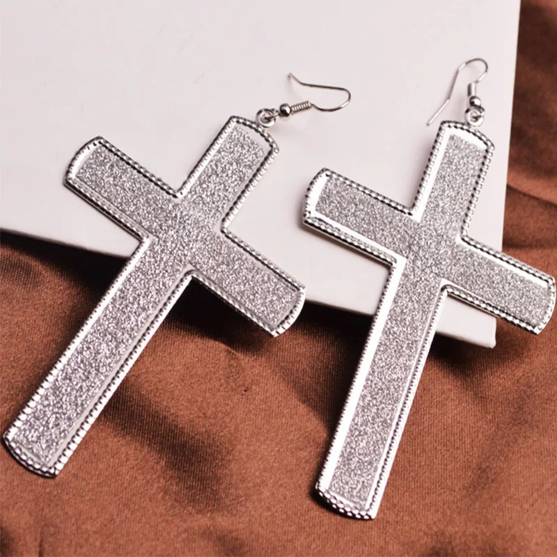 

Women Exaggerate Frosted Crucifix Earrings Retro Simple Metal Drop Earring Religion Belief Long Pendant Jewelry