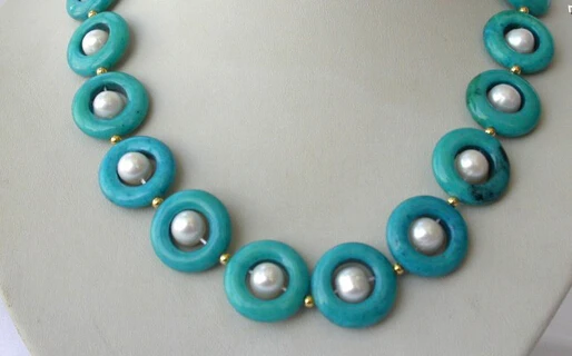 

Miss charm Jew1354 big 22mm round coin blue Malachite white freshwater pearl necklace