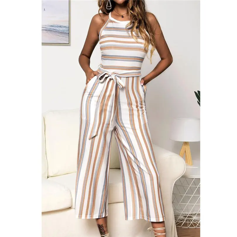 New Fashion Women Summer Sexy Sleeveless Multicolour Striped Jumpsuit Clubwear Wide Leg Pants Outfit Long Pants Jumpsuit #4A18 (10)