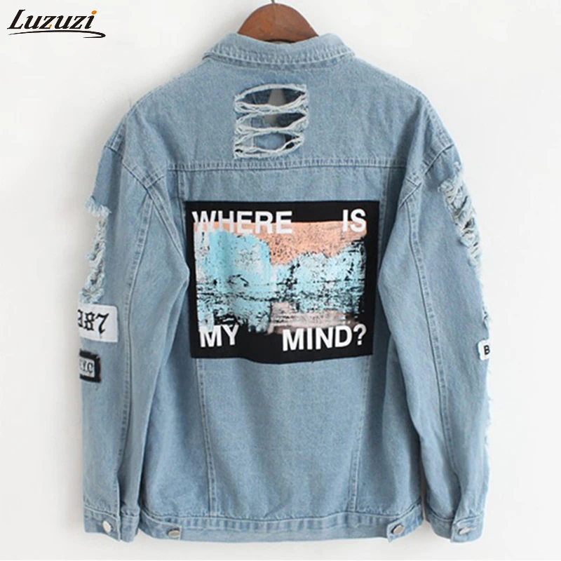 

Where is my mind 2019 Women Retro Frayed Denim Bomber Jacket Appliques Print Lady Vintage Elegant Outwear Denim Jacke CE3141
