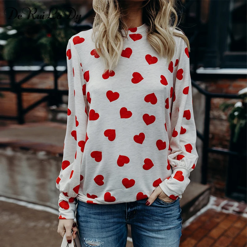 Deruilady Valentines Day Heart Shaped Print Women T Shirt Loose Tops 