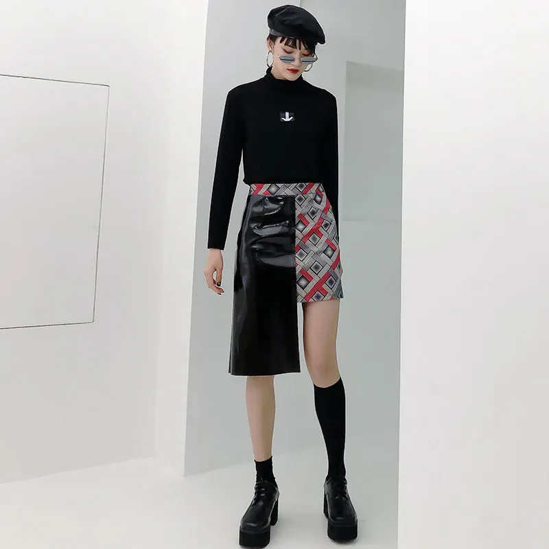 

Irregular Skirts Womens PU Leather Patchwork Vintage Original Design Plaid Skirt Spring New Fashion Personal Cool Skirt DS50592