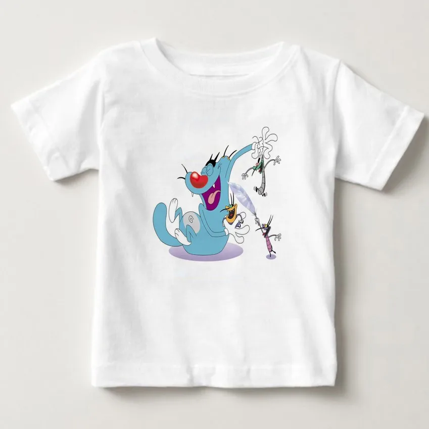 Oggy и тараканы; детская футболка с короткими рукавами; дышащая футболка из чистого хлопка для мальчиков и девочек; летняя детская футболка - Цвет: White childreT-shirt