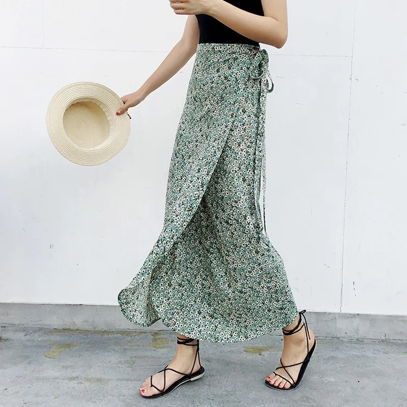 

High Waist Boho Print Long Skirt Women Split Maxi Skirt Floral Print Beach Skirt Female Vintage Summer Skirt