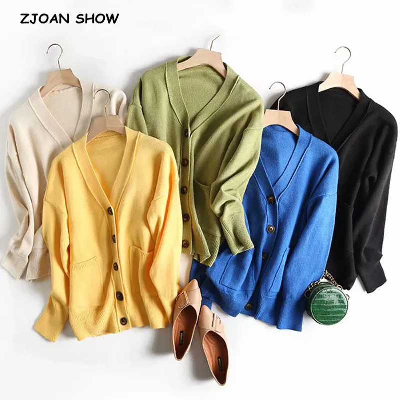 

2019 CHIC V neck Double Pockets Cardigan Vintage Woman Long sleeve Single-breasted Button Knit Loose Knitwear Oversize Jumper