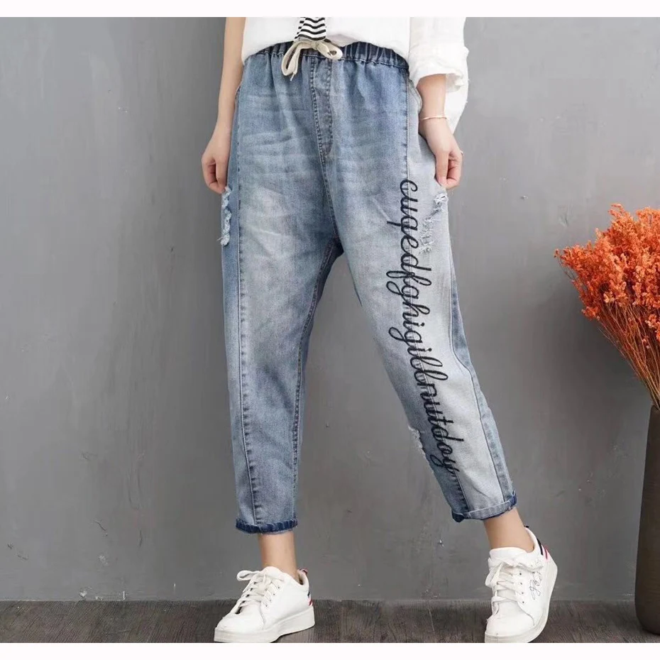 Женские джинсы, джинсовые штаны, брюки, большие, свободные, с вышивкой, с белыми буквами, модные, повседневные, милые, для весны и лета 19031