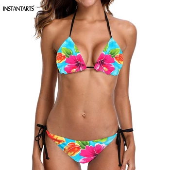 

INSTANTARTS 2019 New Sexy Women Sexy Bikini Set Vintage Brazilian Flower Printing Swimsuits Bathing Beach Bandage Swimming Wear