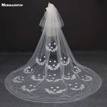 

New 2 Layers Lace Appliques 3 Meters Wedding Veil Voile Mariage Ivory/white Wedding Veil For Bridal Dress Velos De Novia