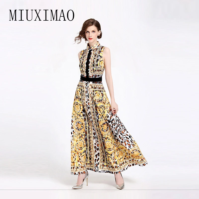 

High Quality Newest 2018 Spring & Summer Casual A-Line Turn-down Collar Sleeveless Print Elegant Ankle-Length Dress Women