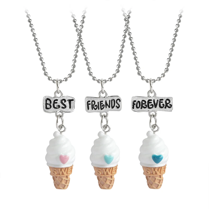 

3pcs Best Friends Forever Food Miniature Ice cream Pendant Necklaces Love Heart Friendship Creative BFF Keepsake Christmas Gift