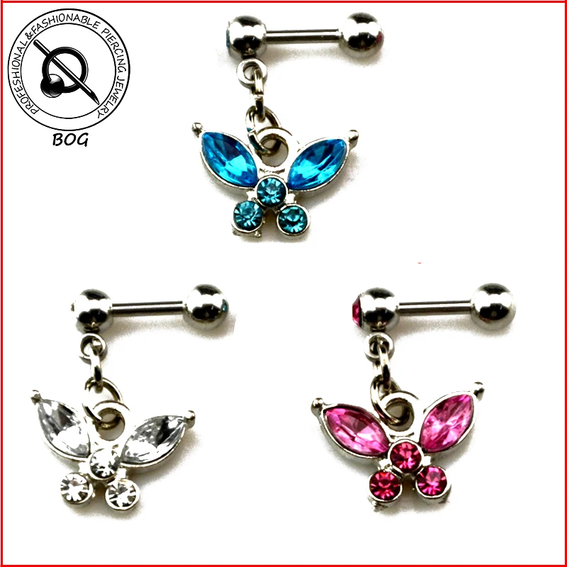 

BOG-1 Piece Ear Cartilage Tragus Helix Stud Ear Piercing Earring Stud With Gemmed Butterfly Dangle Pendant Body Jewelry
