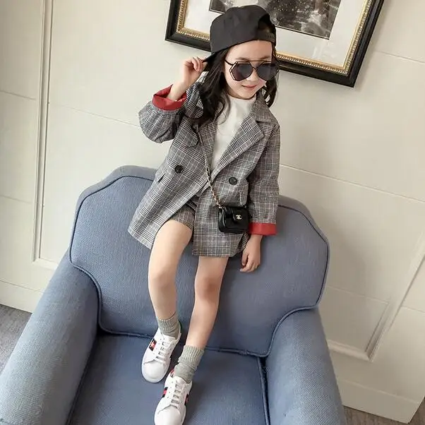 Girls Plaid Suit 2018 Spring Summer Children's Garments Fashion Clothes Sets Male Kids Casual Jacket + Shorts 2 Pcs DF95 | Мать и