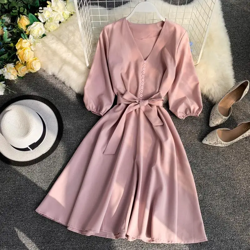 

Neploe Spring Summer 2020 Women Dress Solid V-Neck Three Quarter Sleeve Vestidos Chic Sashes High Waist Knee-Length Robe 43082