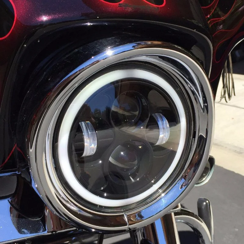 FADUIES Black 7 Round LED Headlight Projector Daymaker Headlight With White Angle Eye For Harley Davidson Motorcycle Headlamp (12)