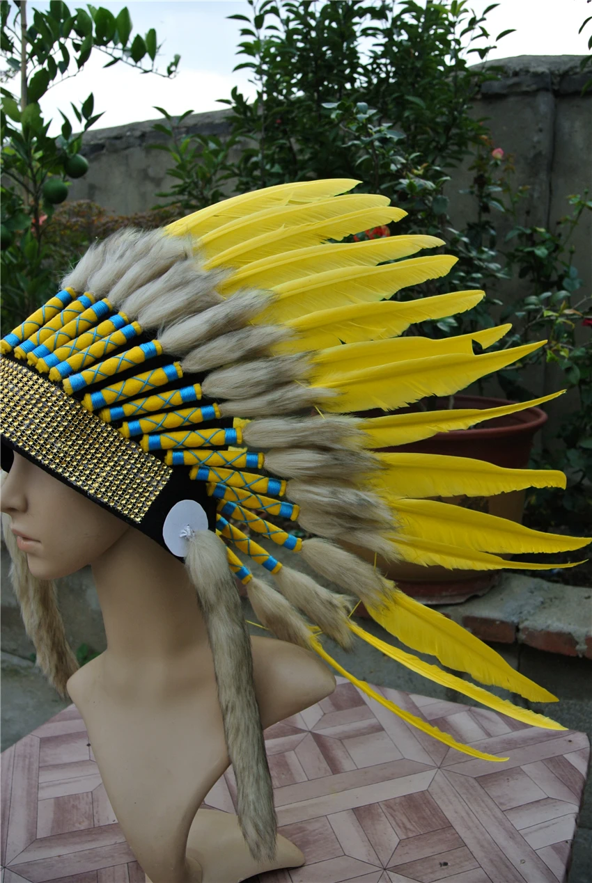 Yellow Indian Feather headdress handmade feather costumes indian war native american