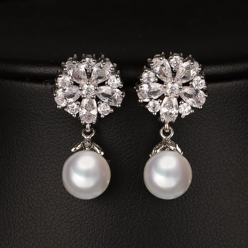 New Style Fashion Beauty Pearl Exquisite Cubic Zirconia Dangle Earrings Wedding Accessories Birthday Gifts Drop E-060 | Украшения и