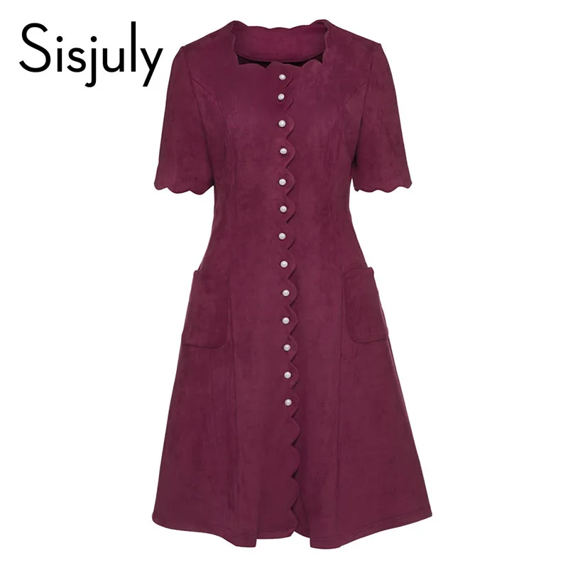 Sisjuly Vintage 60s Dresses Women Petal Sleeve Button A Line Square Collar Mid Calf Elegant Female
