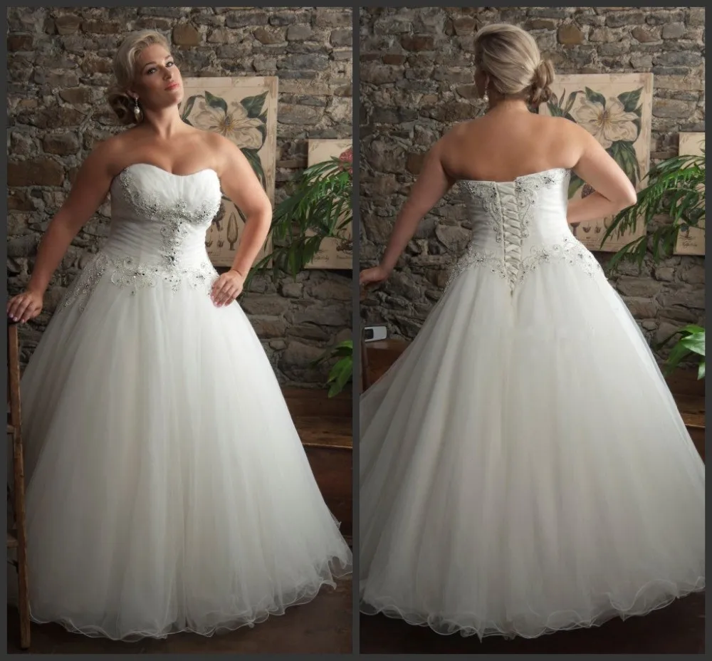 Hot-Sale-Ball-Gown-Strapless-Beading-Shiny-Sequins-Lace-Up-Back-Women-Bridal-Gown-Tulle-Plus
