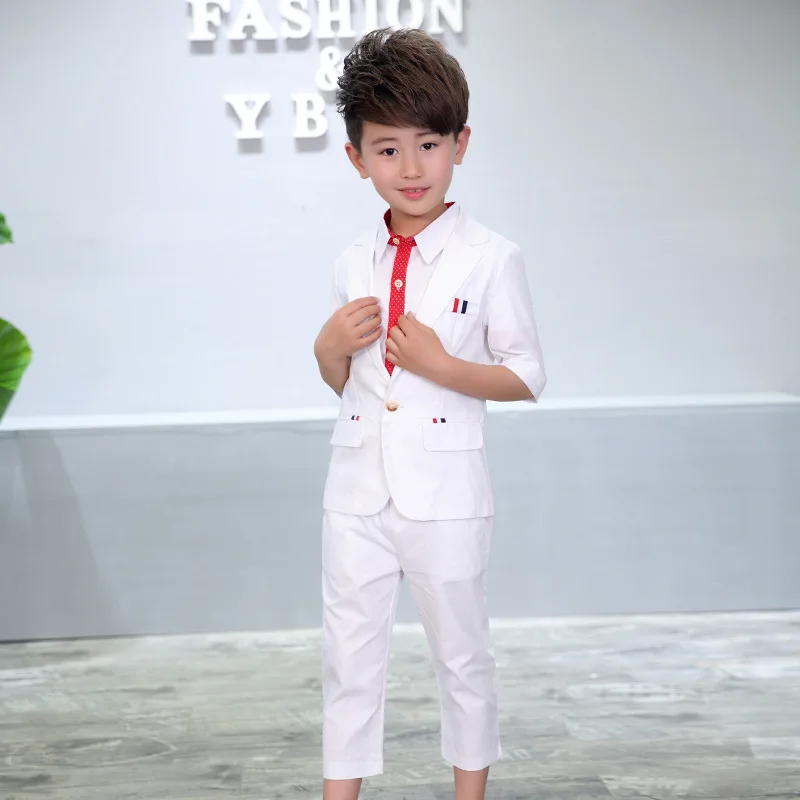ActhInK/ однотонный костюм с блейзером из 2 предметов для мальчиков брендовый детский официальный Свадебный костюм в английском стиле повседневные укороченные штаны для мальчиков AC082 - Цвет: White
