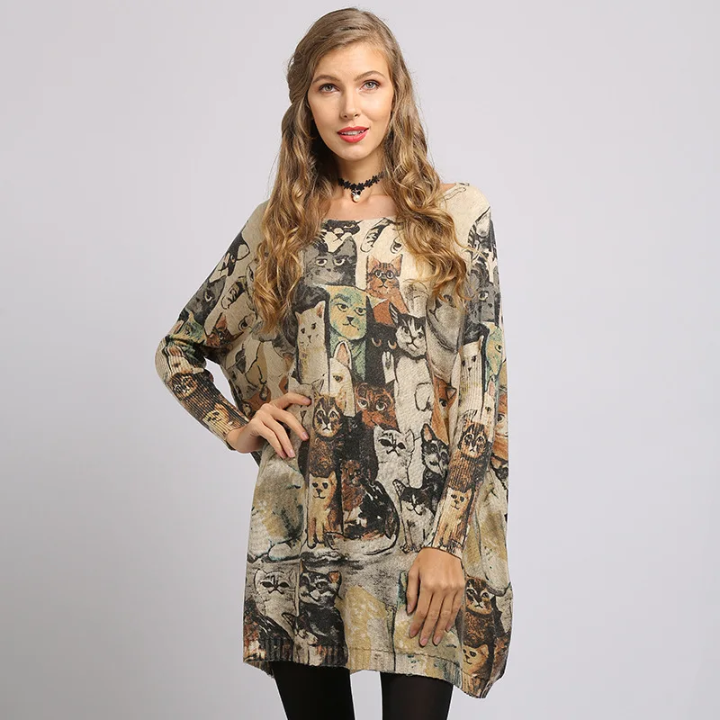 

Spring New Simple City Wind Cartoon Printed Cat-size Knitted Shirt Loose Bat Sleeve Top