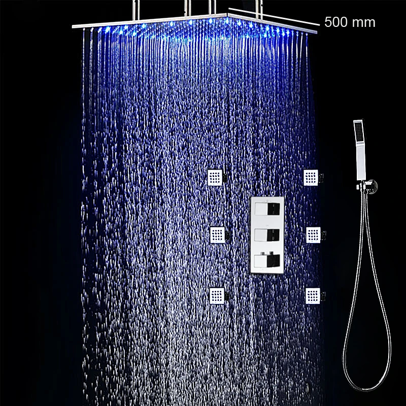 

20 Inch Shower Faucets Set Temperature Control Led Light Square Shower Head Sets Ceiling And Shower Handheld 2 Inch Body jets