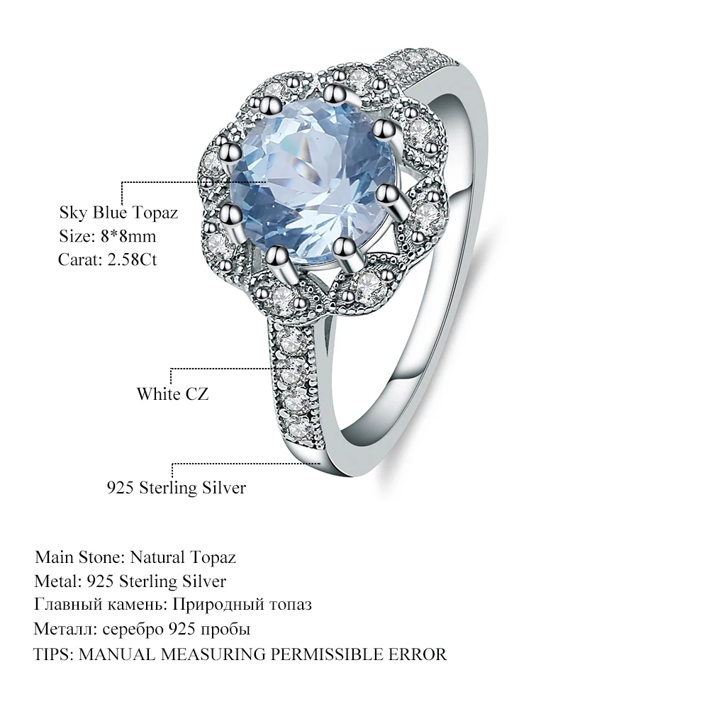 Жемчужное балетное 925 пробы Серебряное классическое обручальное кольцо 2.58Ct натуральный Небесно-Голубой топаз Драгоценное кольцо для женщин хорошее ювелирное изделие