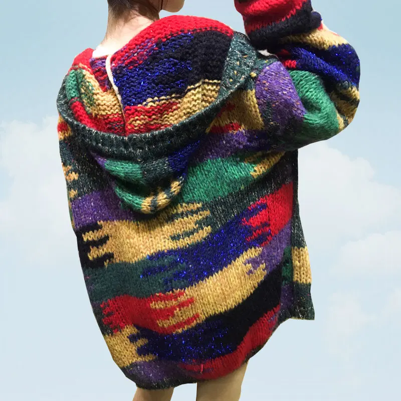 

2018 Autumn Hooded Knitting Female Cardigan Ma Hai Lazy Wind Color Matching Winter Women Sweater Multicolor feminine coat SS207