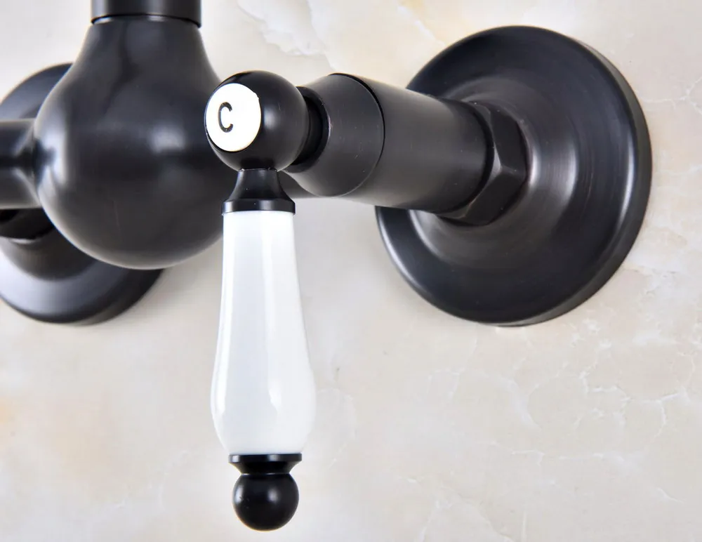 Black Oil Rubbed Bronze Wall Mounted Bathroom Kitchen Sink Faucet Swivel Spout Mixer Tap Dual Ceramics Handles Levers anf868