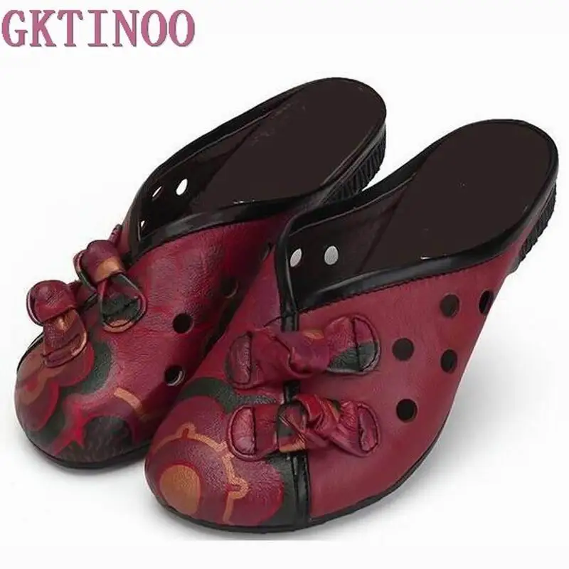 2018 Summer Slippers Genuine Leather Shoes Women Slides Cut Out Handmade Comfortable Women Flat Sandals