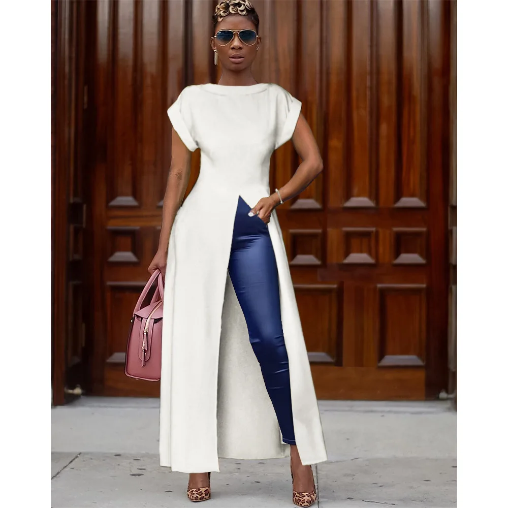 

2019 Summer Sexy Color Short O-Neck Split Slim Women Maxi Dresses Wonem Long Dresses