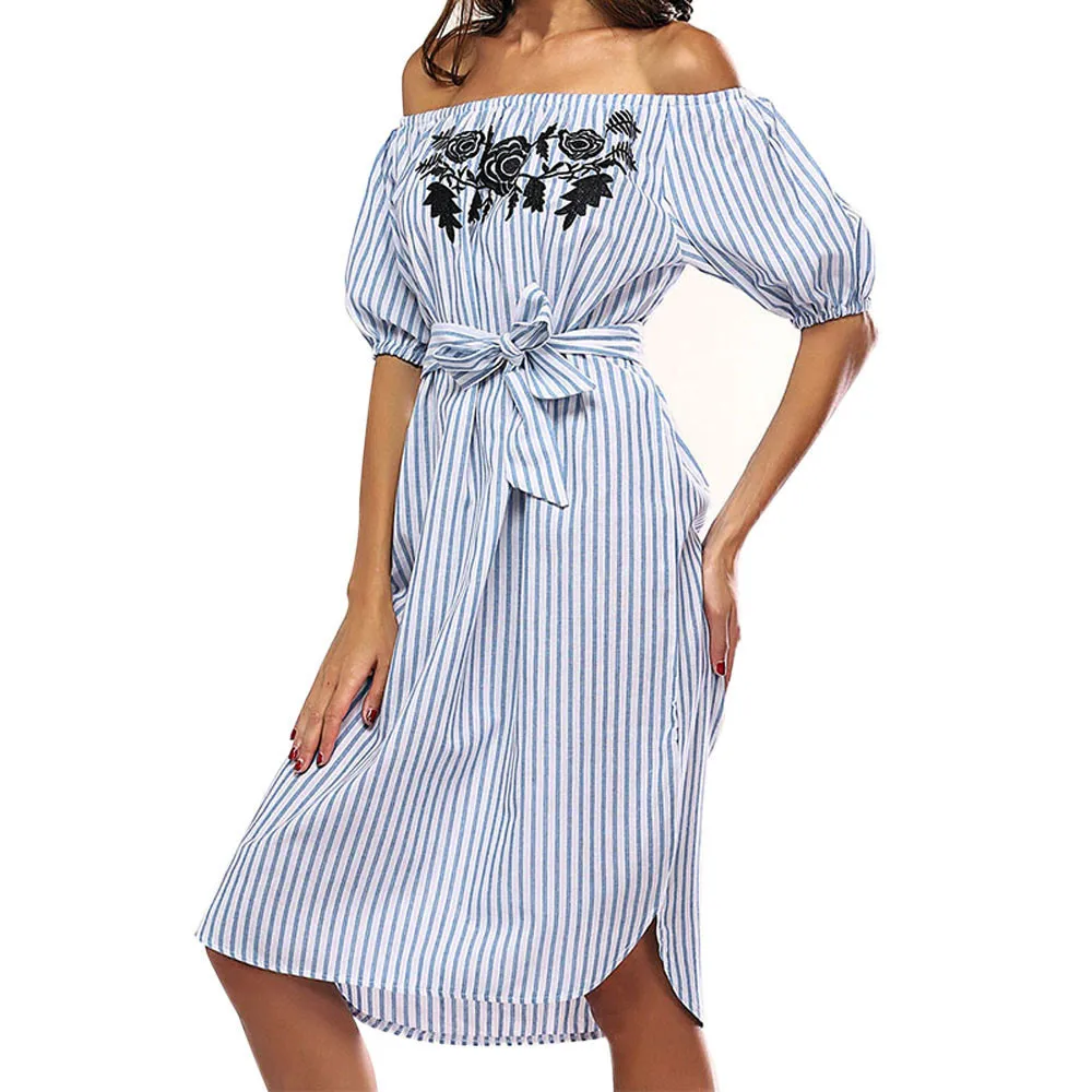 

Ostrich Striped Dress Women Off Shoulder 2019 Fashion Short Sleeve Slash Neck Print Floral Stripe Dress Beach #121
