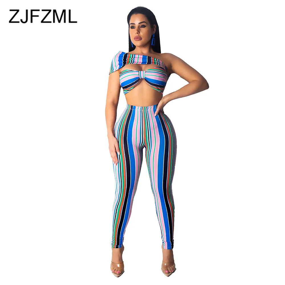 

Rainbow Striped Two Piece Tracksuits Women Clothes One Shoulder Crop Top And Bodycon Pants Sweatsuits Sexy 2 Piece Club Outfits