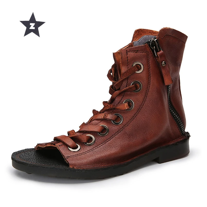 

Z mid-calf boots women leather shoes women sandals summer retro cross tied casual flat booties zipper women boots female