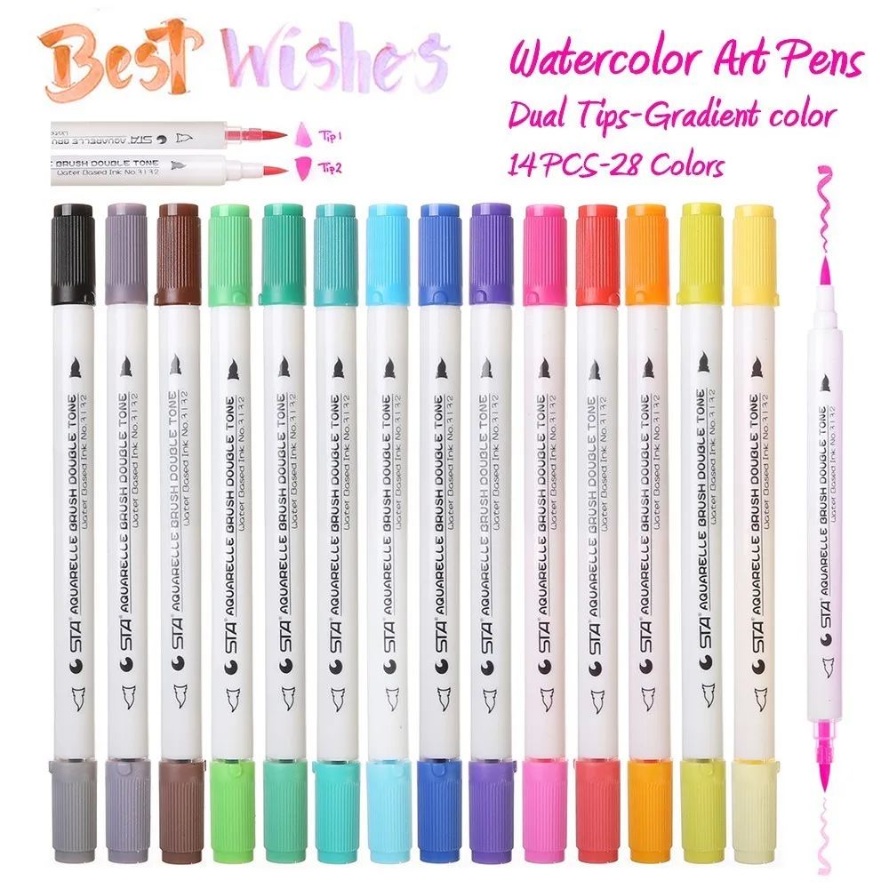 STA14Pcs разные Двойные наконечники 28 цветов акварельные кисти фломастеры двухцветные эскизные маркеры для взрослых детей дизайн Bullet Journal - Цвет: 14 Pcs Set