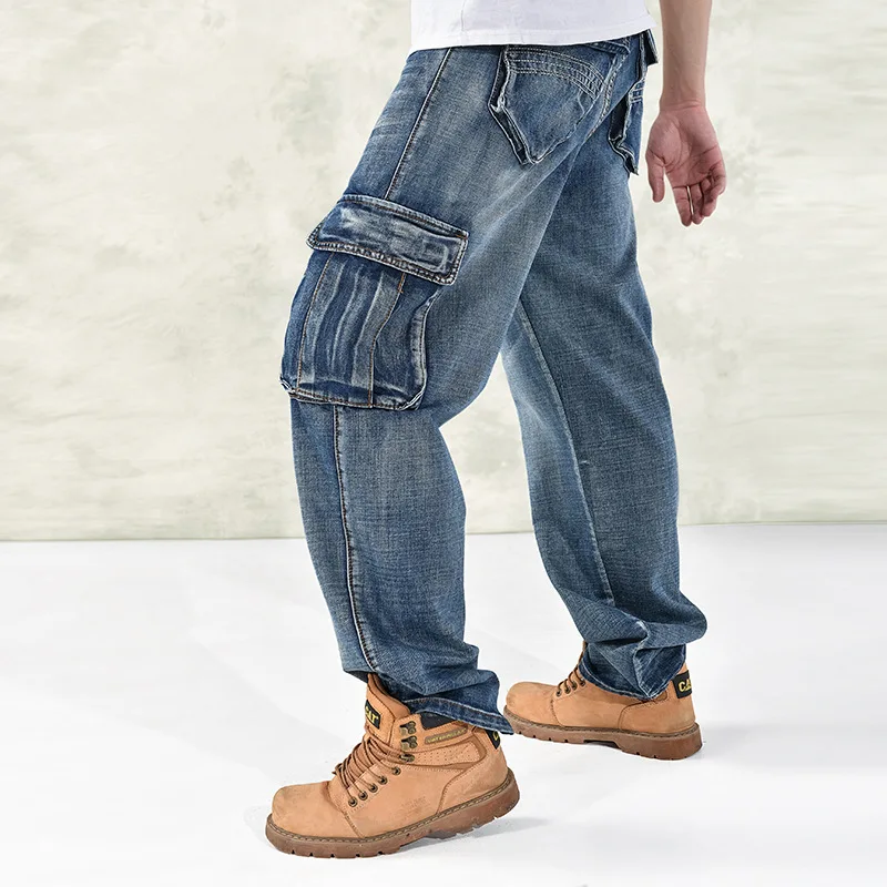 Мужские повседневные рабочие джинсы, брюки с несколькими карманами, свободные, хип-хоп, джинсовые брюки для мужчин, мешковатые джинсы, большие размеры 30-46