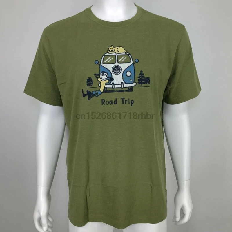 

New Life Is Good Mens Shirt Road Trip Van Vanagon Crusher Tee Jake Rocket Green