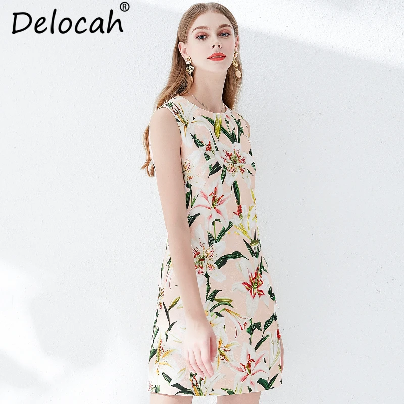 Delocah Summer Women Dress Runway Fashion Designer Sleeveless Crystal Beading Floral Print Elegant Casual Loose Short Dresses