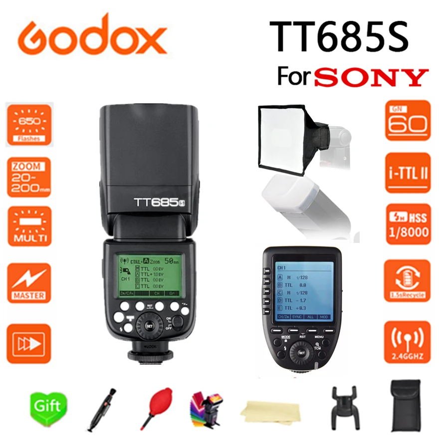 Вспышка Godox TT685S 2 4G HSS 1/8000 с TTL фотовспышка для камеры 15*17 см + софтбокс XPRO S цифровой
