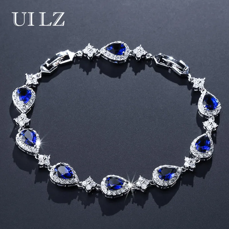 

UILZ Romantic Heart Shaped Bracelet & Bangle With Blue Cubic Zircon For Women Birthday Gift UB2014