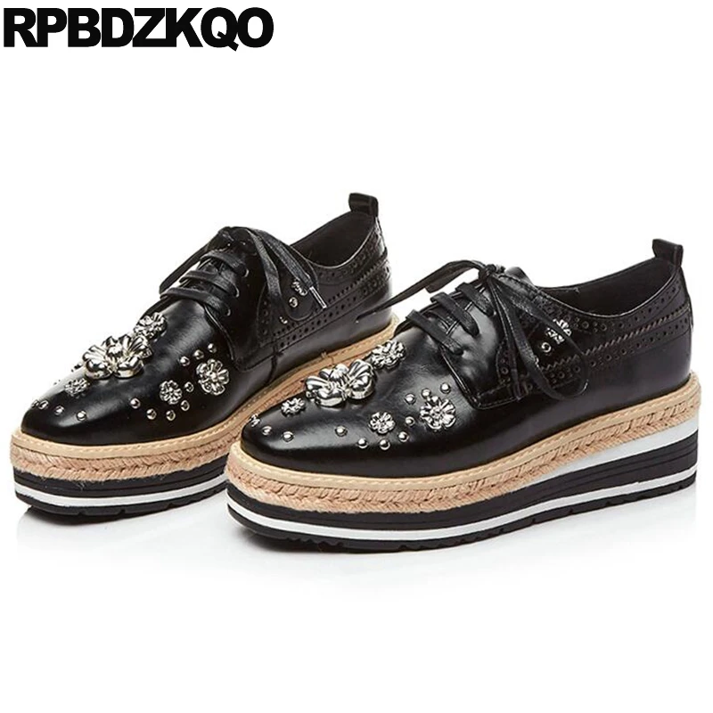 

Black Straw Creepers Hemp Crystal Vintage Women Oxfords Shoes Stud Rivet Muffin Retro Flats Spring Autumn Latest European