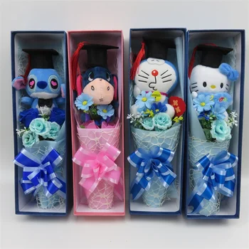 

Handmade stitch cat plush toys Doctorial hat Stuffed animals small bouquet gift box creative graduation gifts