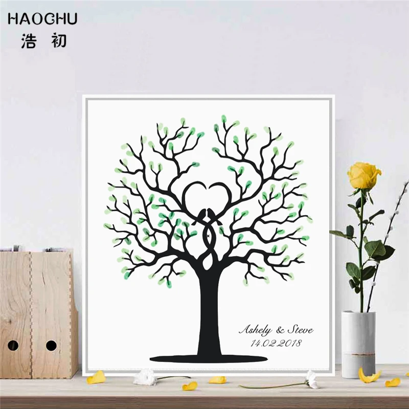 

HAOCHU Fingerprint Signature Canvas Guest Book Painting Multi Colored Wedding Tree Love Birds Check In Picture Home Wall Decor
