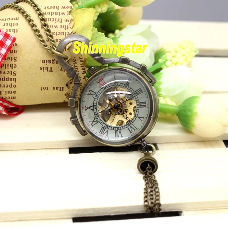 Tanio Steampunk mechaniczny zegarek kieszonkowy Vintage Bronze Fob zegar kieszonkowy