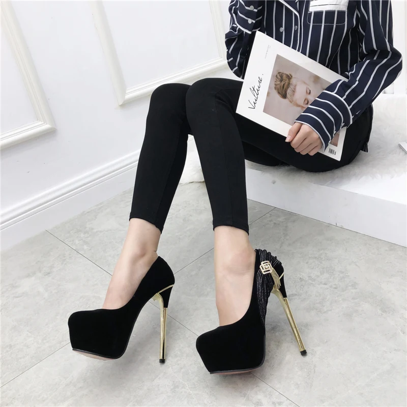 

2019 Sexy Fetish 15cm High Heels Women Crystal Pumps Fashion Flock 5cm Platform Wedding Pumps Casual Suede Thin Heels Lady Shoes