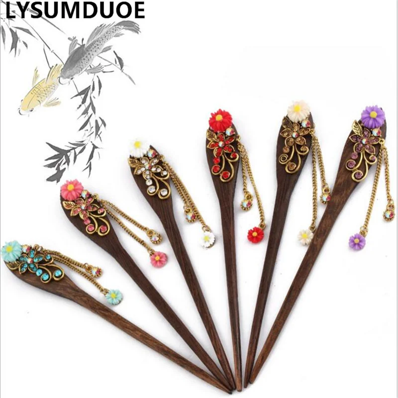 

Women Hairpin Wooden Hair Sticks Vintage Crystal Hairgrip Daisy Flower Tassel Barrette Pin Jewelry Bridal Girls Hair Accessories