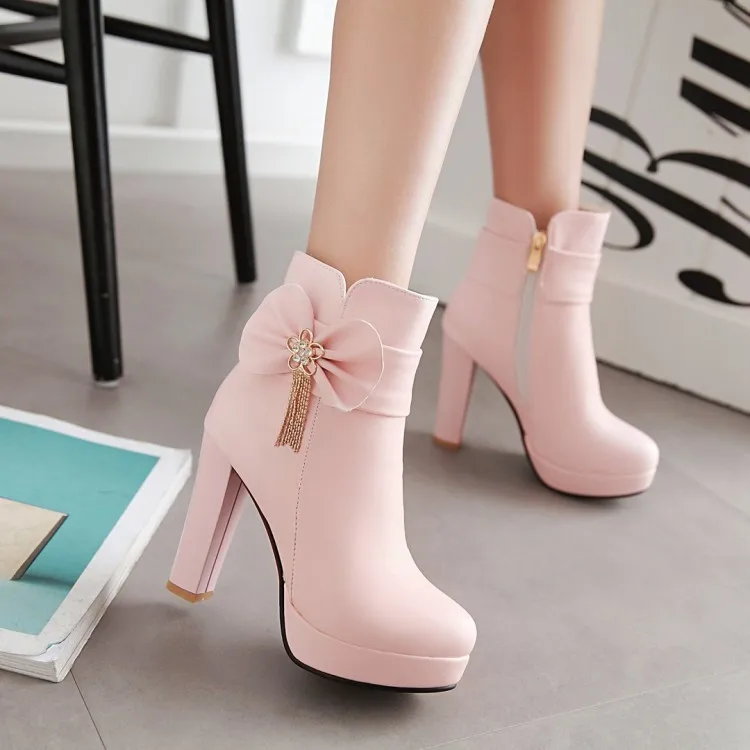 9_2016 Autumn Korean Womens Pink Dress Booties Shoes Princess Bow High Heels Black And White Platform Ankle Boots For Winter