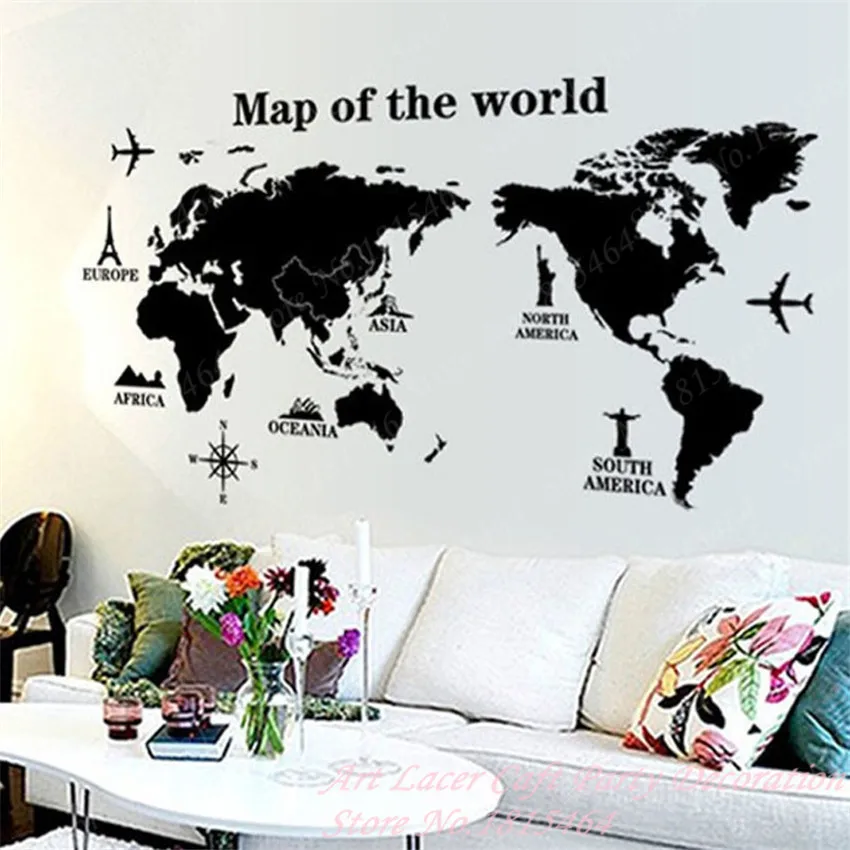 

Map Of The World Wall Stickers Home Decoration Black Adesivo De Parede PVC Removable vinilos paredes Home Decor Wallpaper