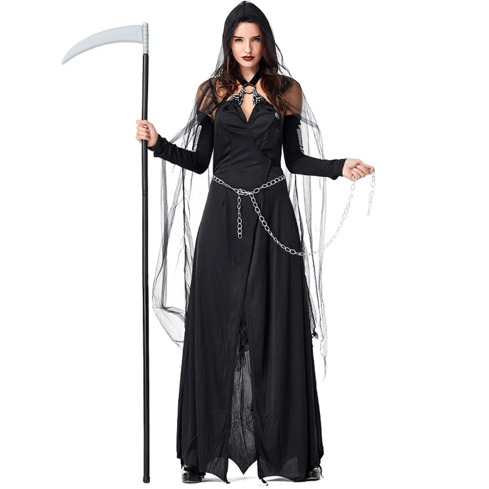 

Adult Black Evil Witch Costume Female Cosplay Costume Halloween Wandering Soul Gothic Witch Long Dress
