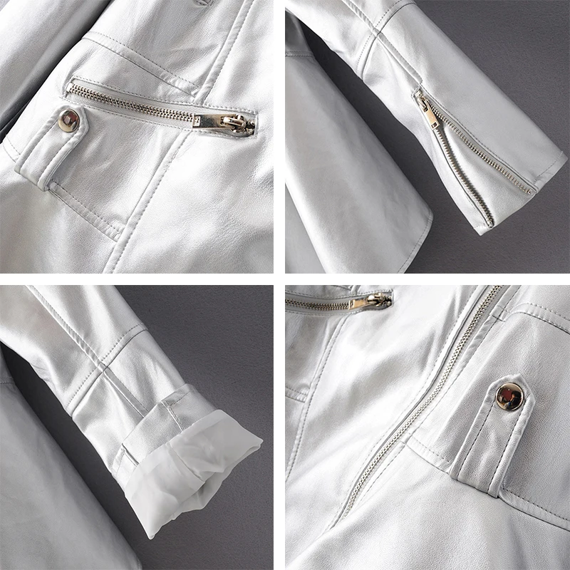 Autumn Female PU Faux Leather Black Jackets Women-s Asymmetrical Notched Collar Suits Ladies Silver Front Short Back Long Coats