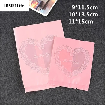

100Pcs Thicker Pink Heart Just For You Food Biscuit DIY Baking Cake Bags With Window Gift Cookie Packing Flat Plastic Bag